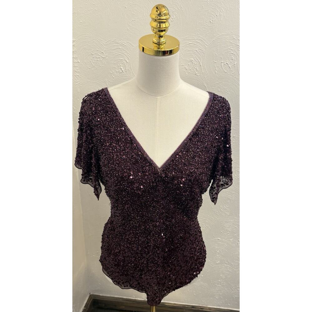 Papell Boutique Evening Purple Beaded Silk Split Sleeve Top Size Medium